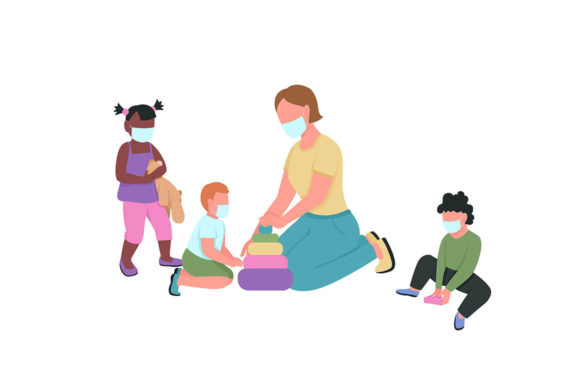 Teacher and Kids in Medical Masks Graphics & Illustrations